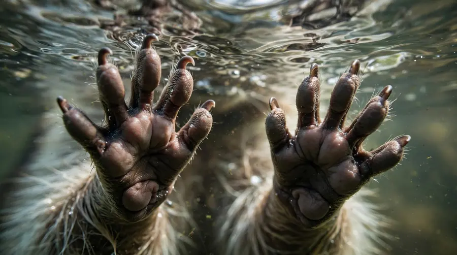 A close view of a raccoon's splayed front paws working underwater, where wetting increases their sensitivity