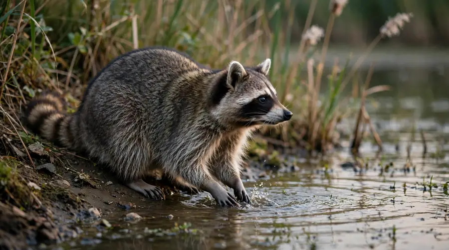 A raccoon with both front paws in shallow water and its head turned away, feeling for food rather than looking at it