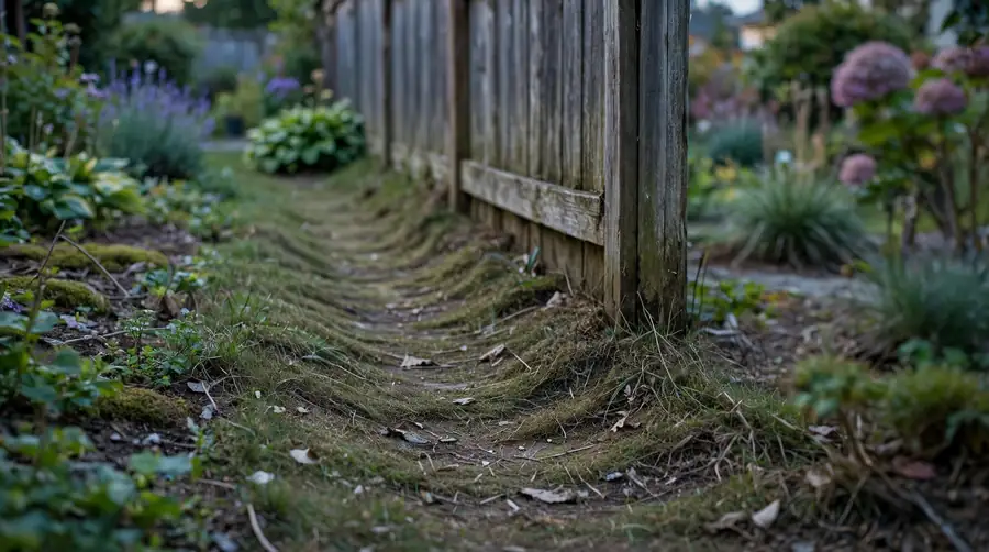 A narrow worn path along the base of a garden fence, the kind of fixed route raccoons use night after night