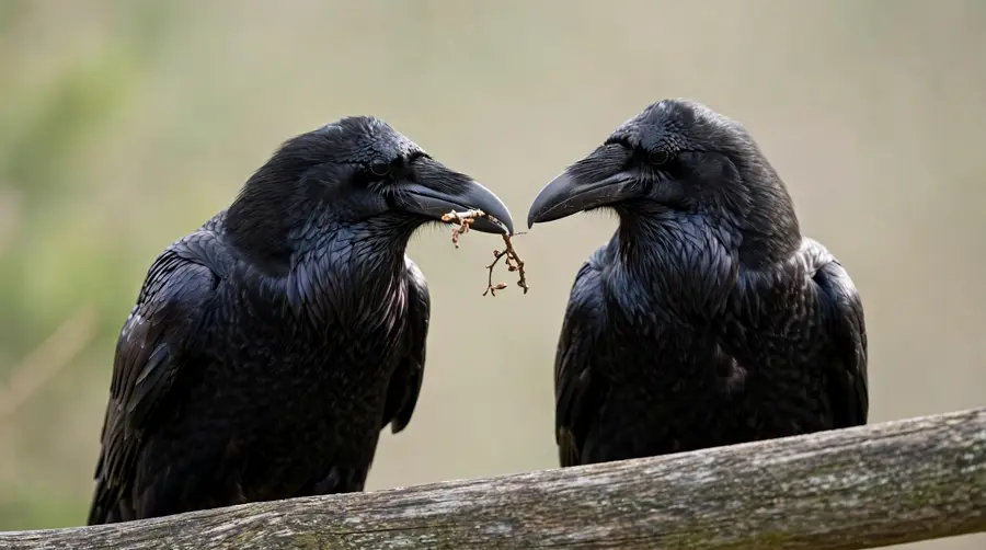 Two ravens on a fence rail, one holding a twig in its bill and angling it toward the other, which is watching
