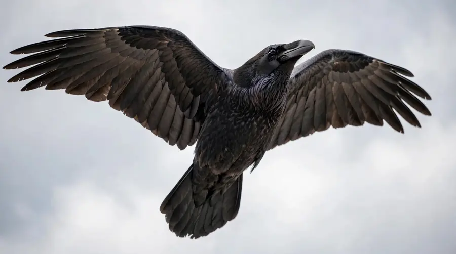 A common raven in flight from below, with its distinctive wedge-shaped pointed tail clearly visible — the key raven spiritual meaning identification feature