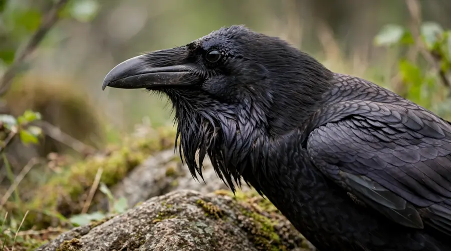 A raven in close profile with shaggy throat hackles and a heavy curved bill clearly visible