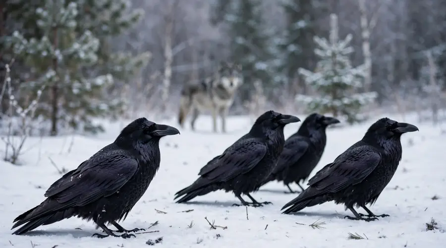 Several ravens standing on snow at a distance from a grey wolf at the edge of winter forest