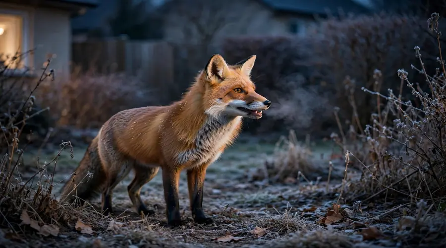 A red fox standing in a frosty garden at night, the animal responsible for the scream often mistaken for a human voice
