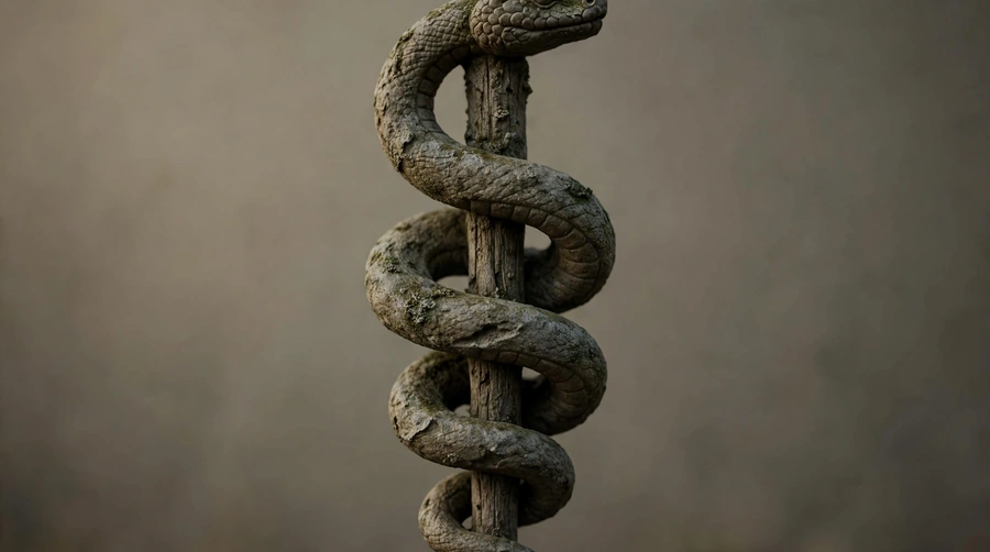 A weathered single serpent coiled around a staff, the rod-and-serpent emblem