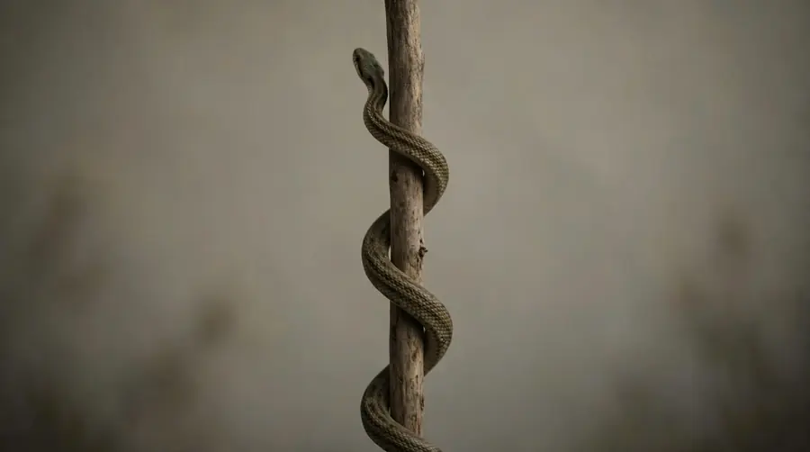 A plain unwinged staff with a single snake winding up it, the rod of Asclepius