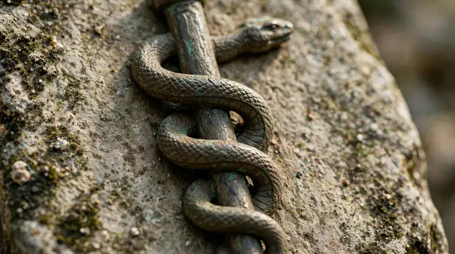 Bronze relief of a single serpent wound around a staff, the rod of Asclepius