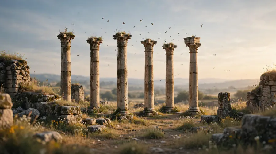 Birds circling high above the columns of ancient Roman ruins