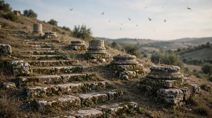 Birds flying above weathered Roman steps and column bases in late afternoon light