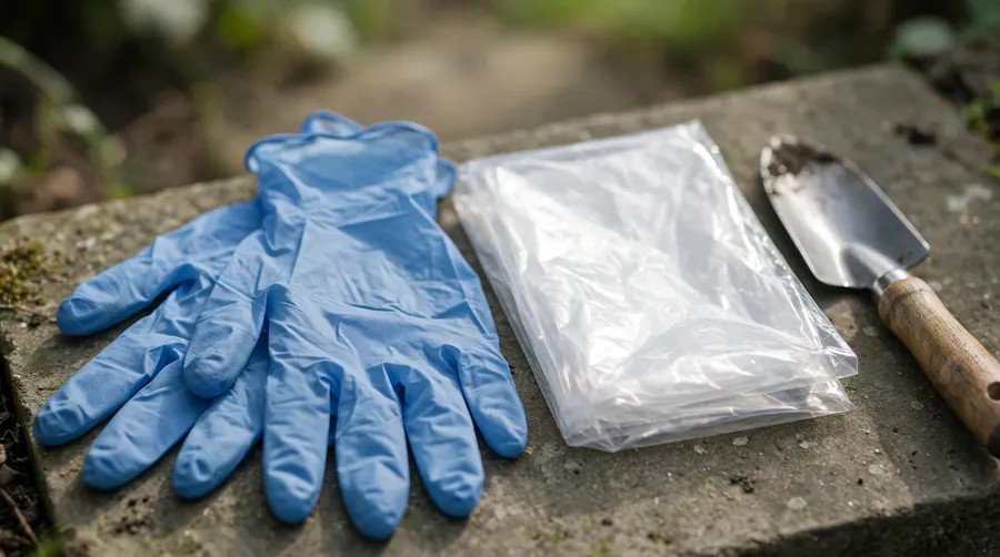Disposable gloves, a plastic bag and a small trowel laid out on a garden step