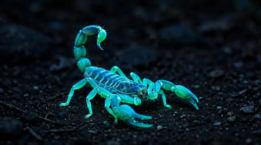 A scorpion glowing bright blue-green under ultraviolet light against a dark floor
