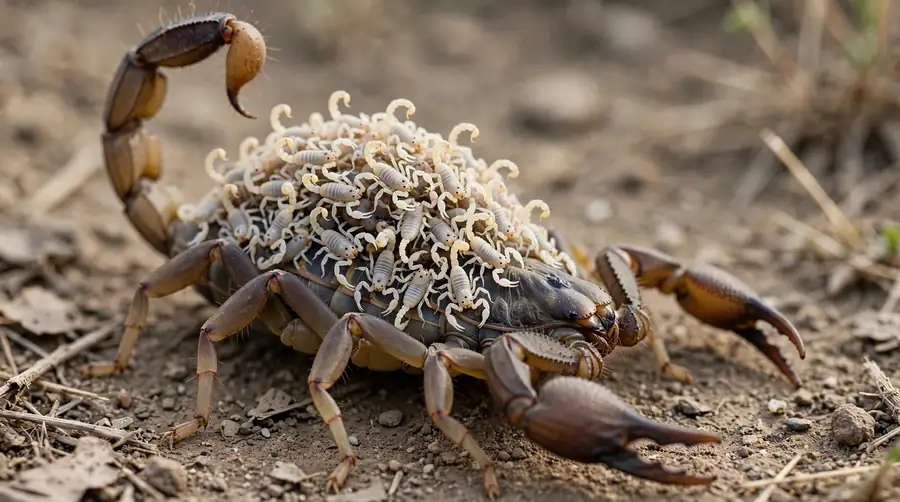 A female scorpion with a cluster of pale newborn young riding on her back