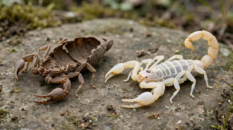 A pale, freshly moulted scorpion next to the darker empty exoskeleton it has just left behind