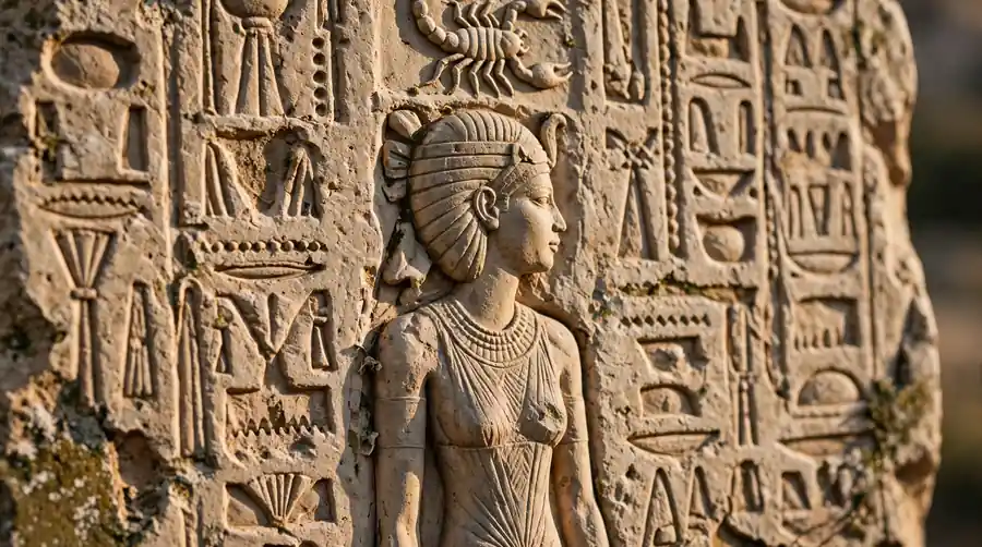 A weathered Egyptian stone relief showing a female deity with a scorpion above her head