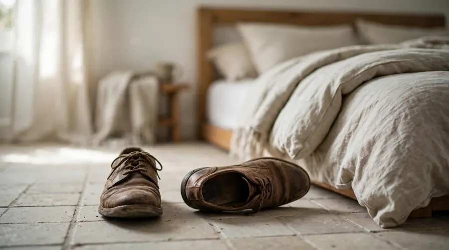 Shoes on a bedroom floor with one tipped over, illustrating the habit of shaking out footwear before wearing it