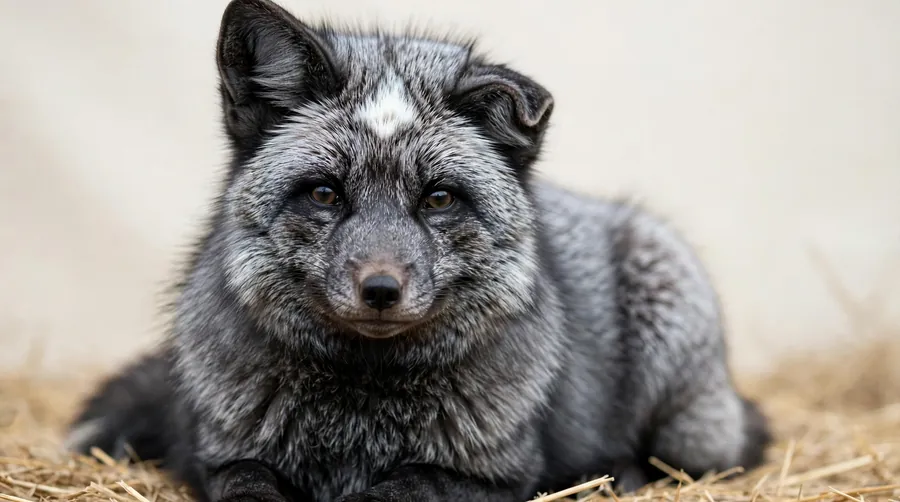 A calm silver-black fox with a white forehead patch and a partly folded ear, traits that appeared alongside tameness.