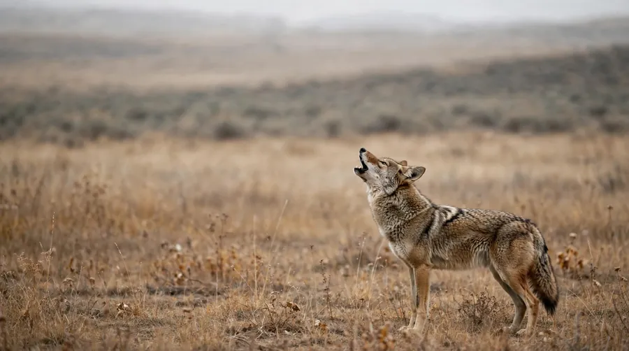 One coyote howling alone in an empty field, illustrating how few animals a chorus can contain