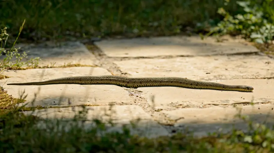 Snake lying fully extended on warm sunlit stone paving to absorb heat