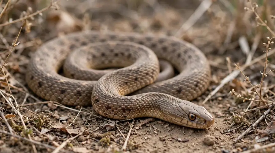 A snake coiled peacefully on dry ground, head low, no aggressive posture.