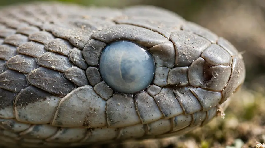 Close-up of a snake's eye turned milky blue-grey in the period before shedding