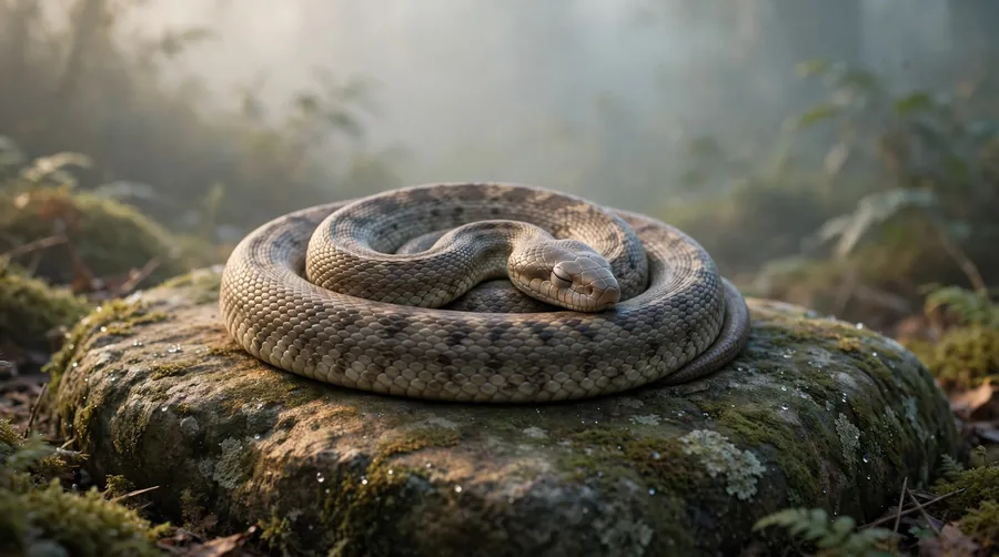 A snake resting coiled on a sun-warmed stone in cool low morning light