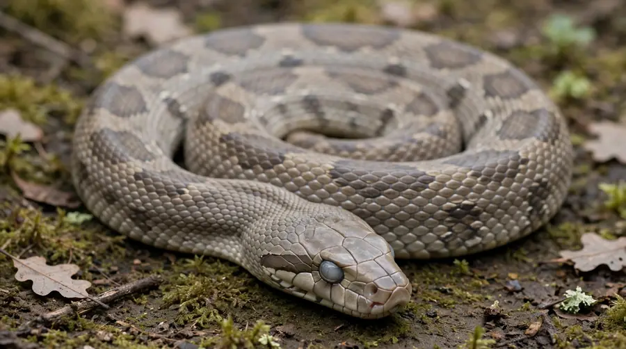 A snake with clouded, milky eyes resting still in the pre-shed phase
