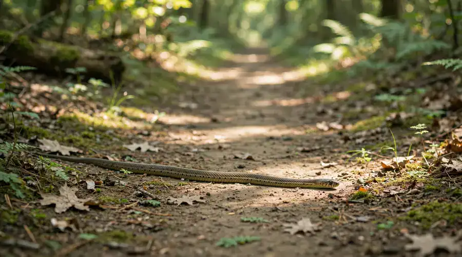 Snake lying stretched across a sunlit dirt path in dappled woodland light