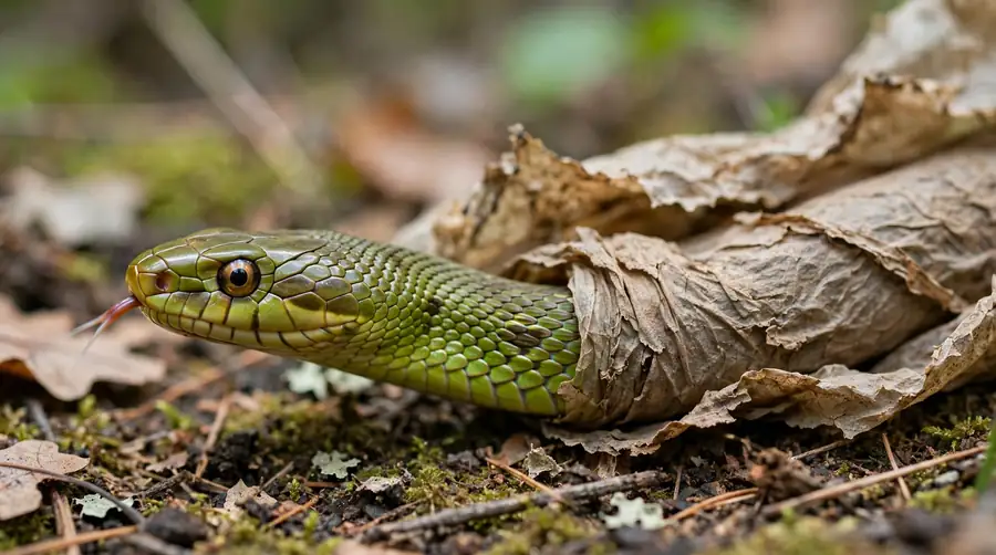 A snake emerging head first from its old dull skin, the new skin brighter and clearer