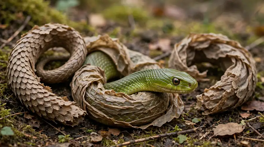 A snake partway through shedding, its head clear of the dull old skin and the body still inside it