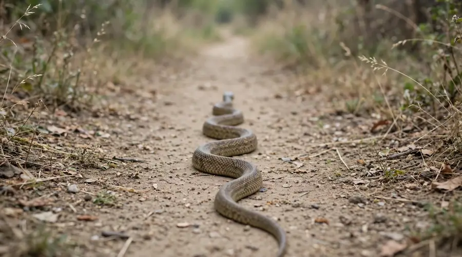 A snake moving away along a dusty path, seen from behind.