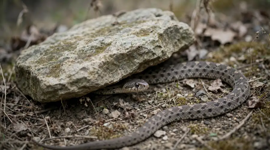 A snake resting under the edge of a rock on dry ground, quiet and still in the shaded cool