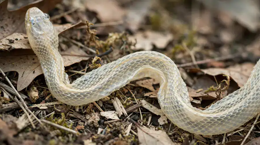 Complete translucent shed snake skin on leaf litter showing the clear eye caps