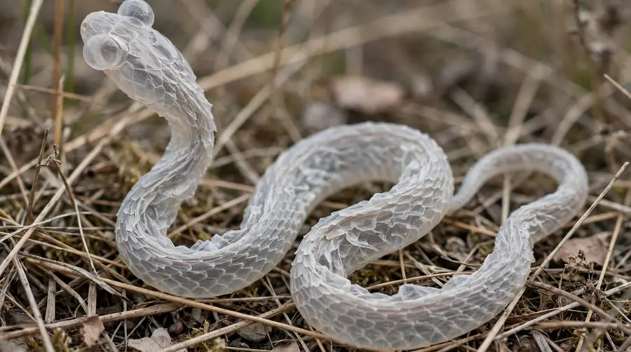 A complete translucent shed snake skin with the eye caps visible, lying in dry grass