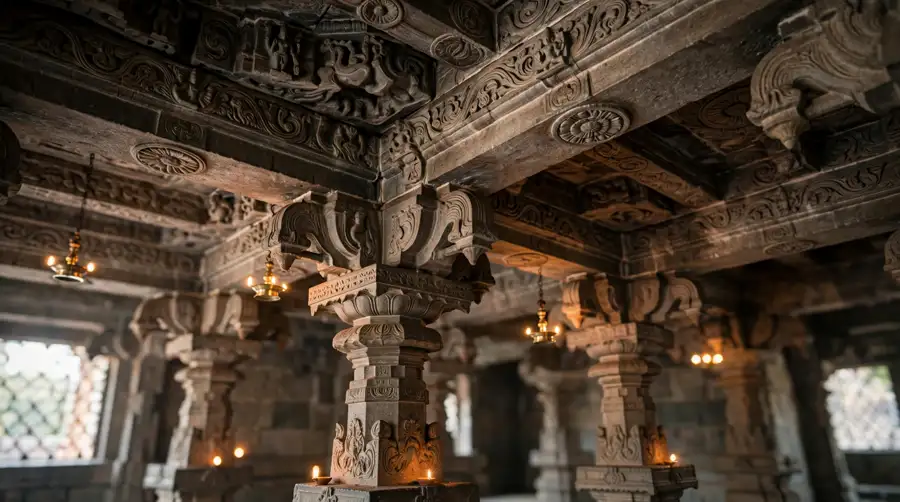 The carved stone ceiling of a South Indian temple interior lit by lamps