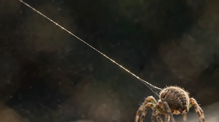 Close-up of a spider trailing a single silk dragline behind it as it walks.