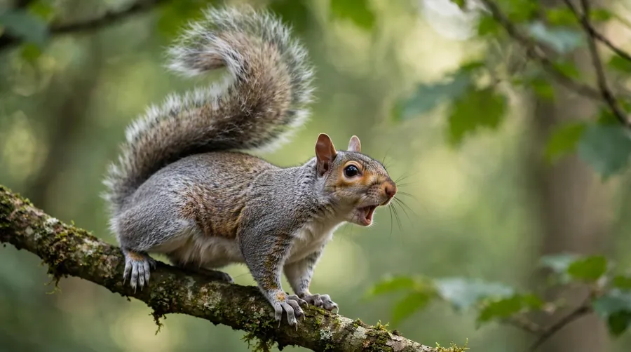 Grey squirrel chattering an alarm call with its tail raised and flicking