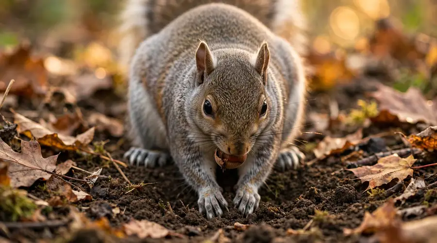 Grey squirrel burying a nut in soil among fallen autumn leaves