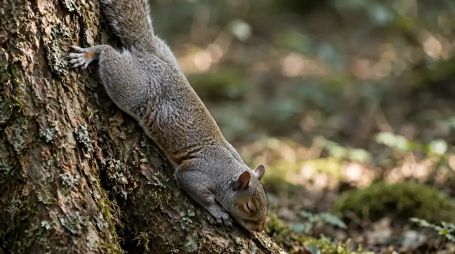 Grey squirrel pressed motionless against tree bark to avoid detection