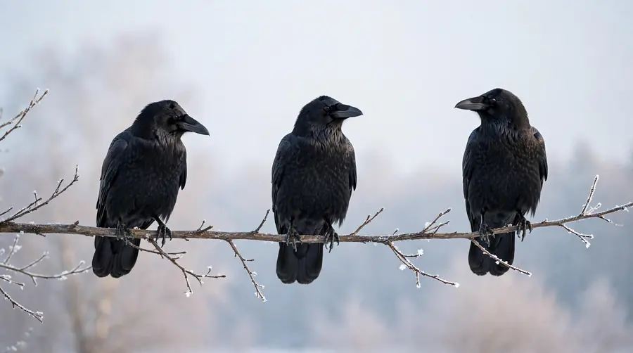 Three crows perched together on a bare branch against a winter sky