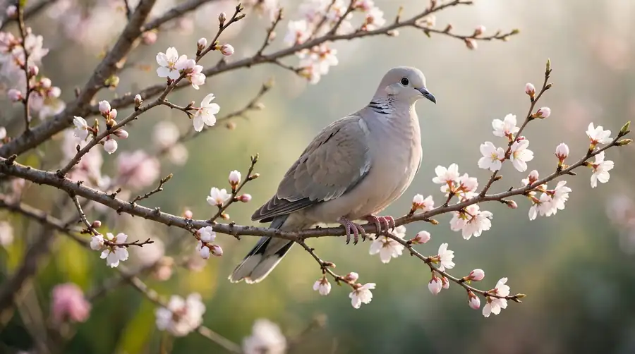 Dove perched among the first blossom of early spring on bare branches