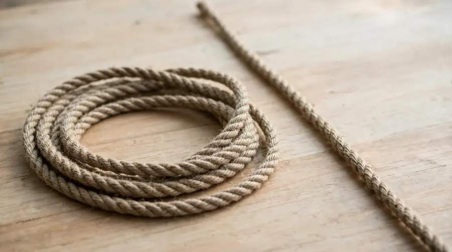 Two loose coils of rope on a plain wooden surface, one looped and one straight