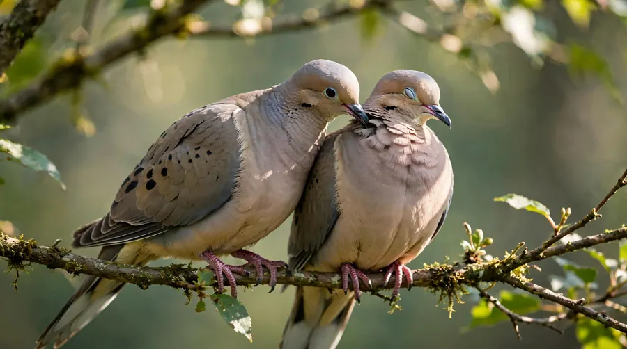 Two mourning doves sitting close together with one preening the other