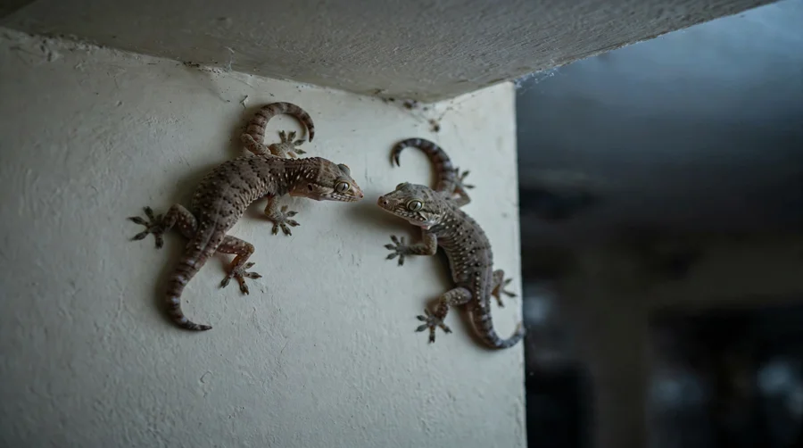 Two house geckos confronting each other high on a wall, the kind of dispute that knocks one of them off a ceiling