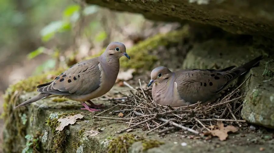 Two mourning doves at a nest as one settles on the eggs and the other stands by