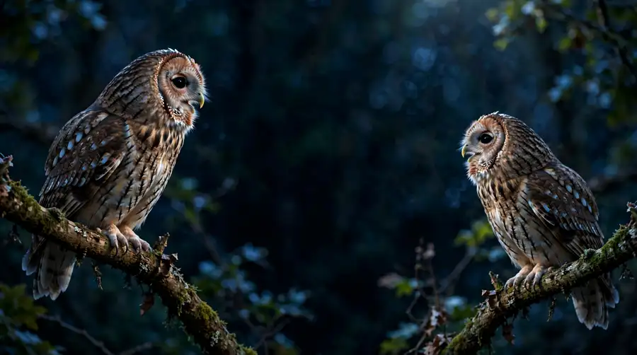 Two tawny owls perched in separate trees at night calling across the gap