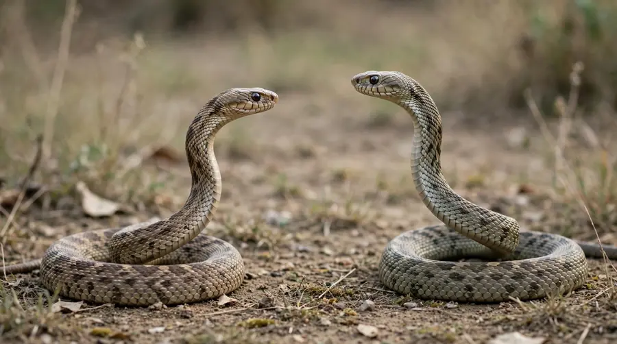 Two snakes with bodies raised facing each other, a rivalry posture, not biting