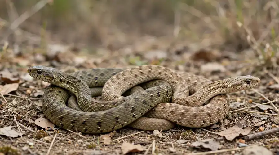 Two snakes in a loose double coil on dry ground, heads apart and calm