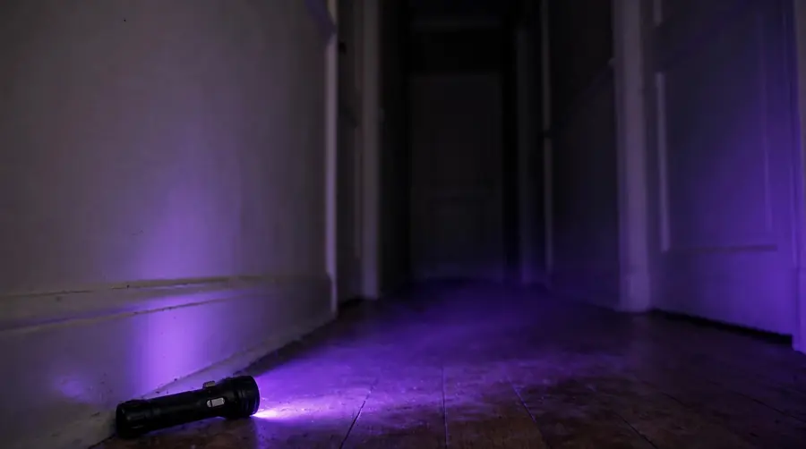 A handheld ultraviolet torch lighting the skirting board of a dark hallway, the standard way to search for scorpions