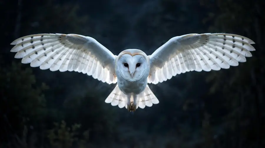 White barn owl flying at night showing its pale ghostly appearance