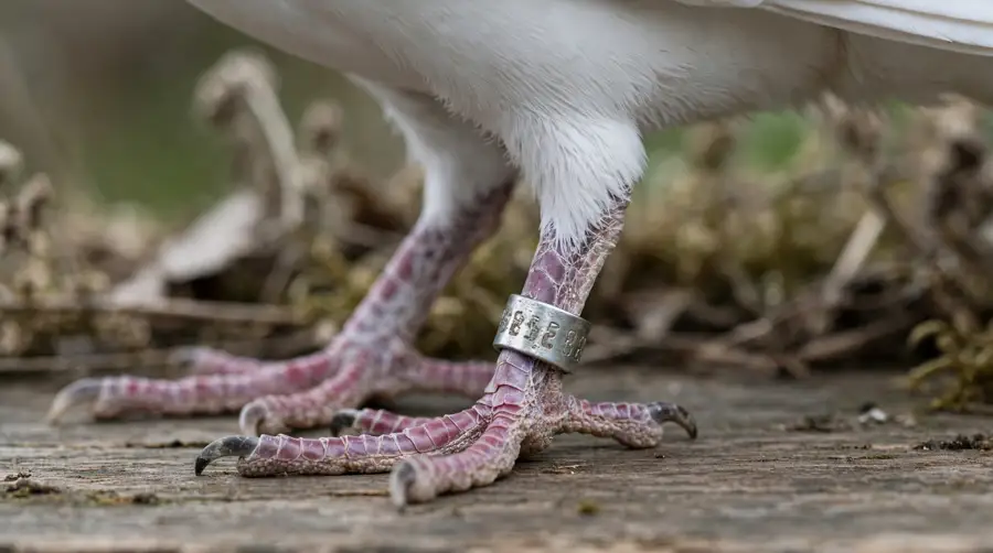 A close view of the numbered identification band on a white dove's leg, the mark of a domestic or racing bird